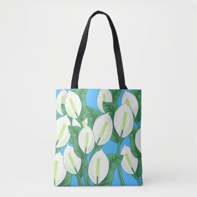 Tote Bag Lys blancs sur arrière - plan bleu pâle (Devant)
