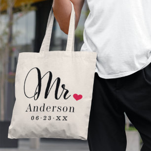 Tote Bag M. Elegant Script Coeur Personnalisé Mariage Monog