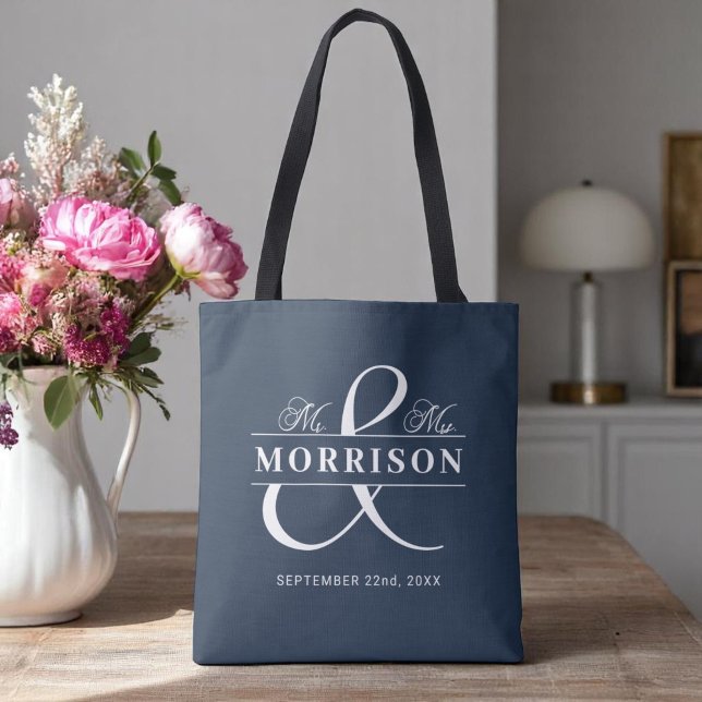 Tote Bag M. Mme Monogram Mariage bleu de la marine (Créateur téléchargé)