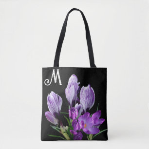 Tote Bag M monogramme fleurs de crocus violet tendance boho