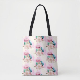 Tote Bag Macarons et fleurs colorés Motif d'aquarelle