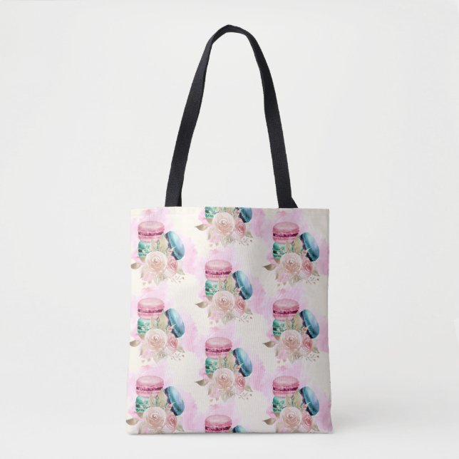 Tote Bag Macarons et fleurs colorés Motif d'aquarelle (Devant)