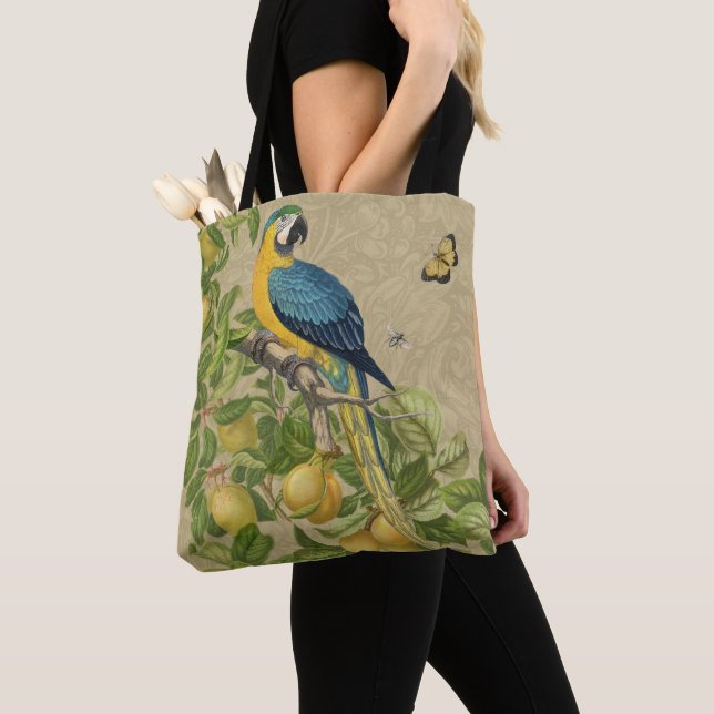 Tote Bag Macaw Blue Jaune Tropical Jungle Antique (De près)