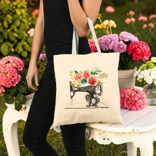 Tote Bag Machine à coudre noire broderie tailleur floral