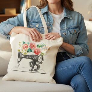 Tote Bag Machine à coudre noire Quilting Tailor Floral