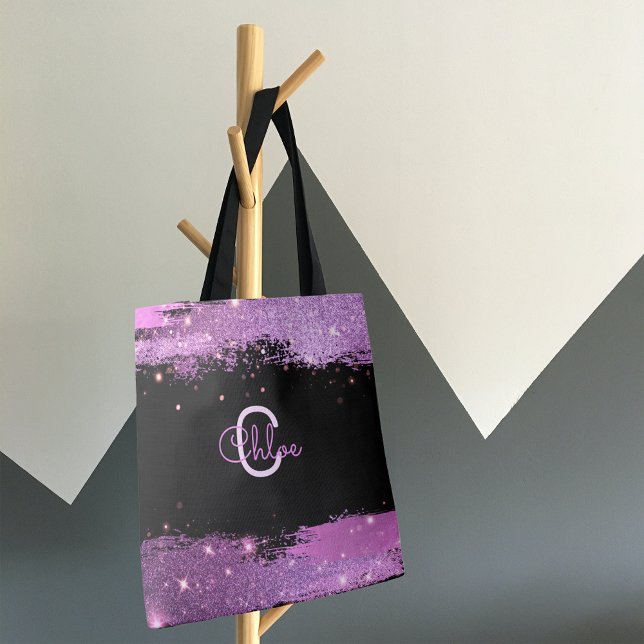 Tote Bag Magenta De Glitterie Élégante Et Noir Nom Et Monog (Créateur téléchargé)