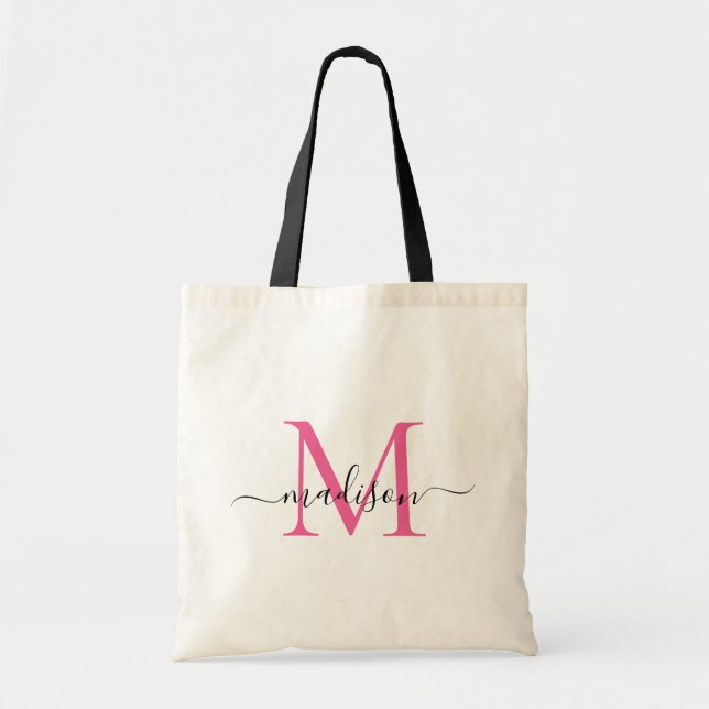 Tote Bag Magenta Rose Blanc Monogramme Élégant Nom de Scrip (Devant)