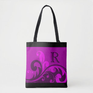 Tote Bag Magenta rose fleuri design avec Monogramme