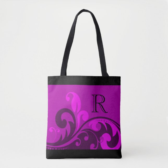 Tote Bag Magenta rose fleuri design avec Monogramme (Devant)