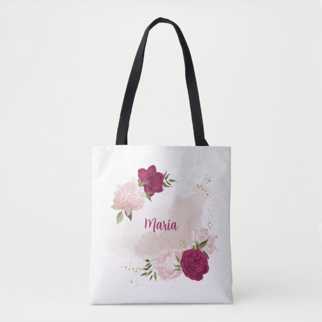 Tote Bag magenta rose fleurie (Devant)