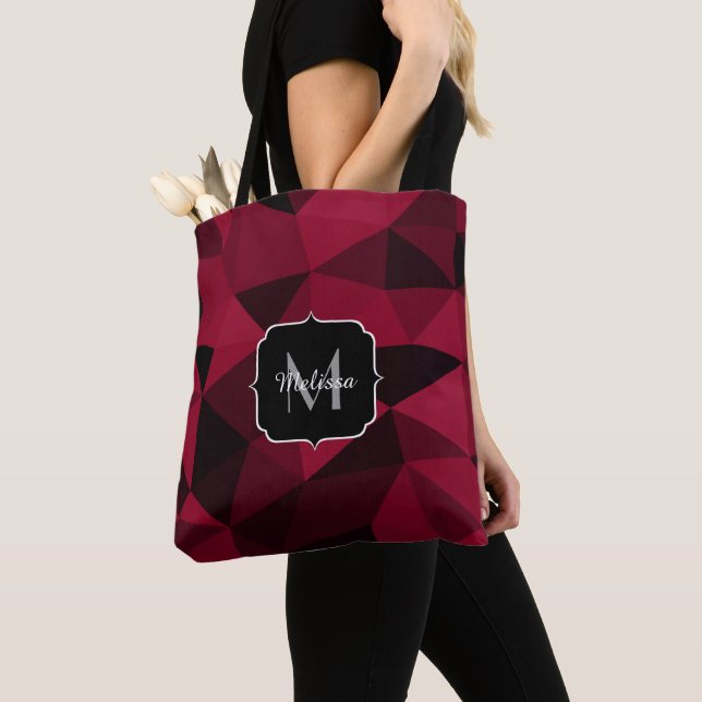 Tote Bag Magenta rose rouge noir géométrie motif Monogramme (De près)