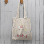 Tote Bag Magical Girly Unicorn & Stars Personnalisé<br><div class="desc">Ajoutez une touche de magie à votre vie de petites filles avec ce beau sac fourre-tout de licorne. Avec un arrière - plan d'étoiles colorées,  une licorne magique avec parties scintillant or et fleurs roses et le nom de votre enfant.</div>