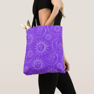 Tote Bag Magie Violette Céleste Soleil Lune Étoiles Vintage