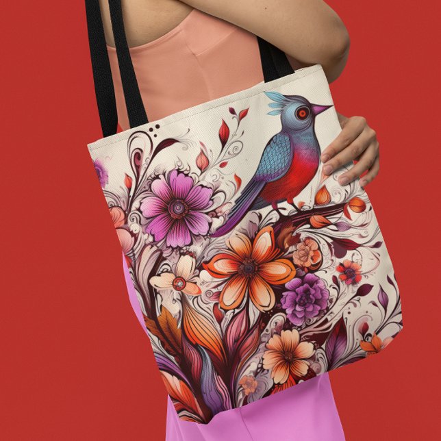 Tote Bag Magnifique oiseau rouge et fleuri été (Gorgeous Red bird and floral Summer Tote Bag)