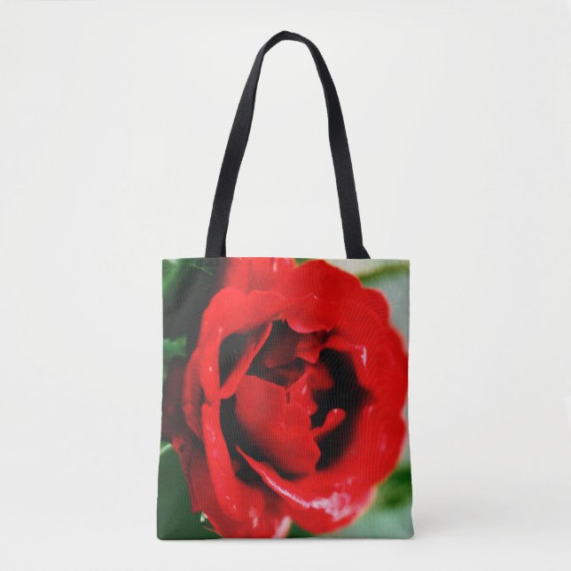 Tote Bag Magnifique rose rouge avec gouttes de rosée matina (Devant)