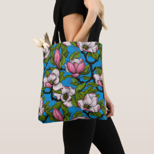 Tote Bag Magnolia en floraison sur bleu
