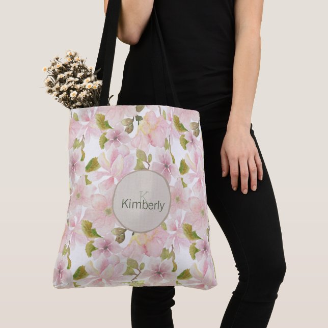 Tote Bag Magnolia Floral Monogramme initiale rose tendre (De près)