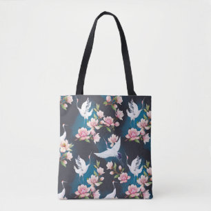 Tote Bag Magnolia Grue Rouge : Aquarelle Japonaise.