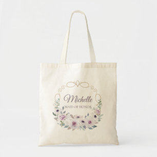 Tote Bag MAID D'HONNEUR Violet Rose Floral Wreath avec NOM