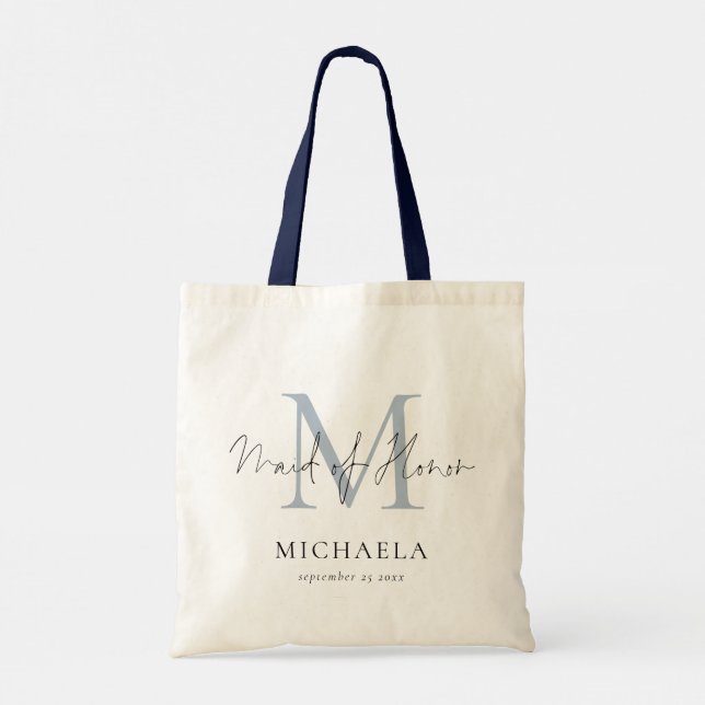 Tote Bag Maid of Honor Monogramme Nom initial Script Blue (Dos)