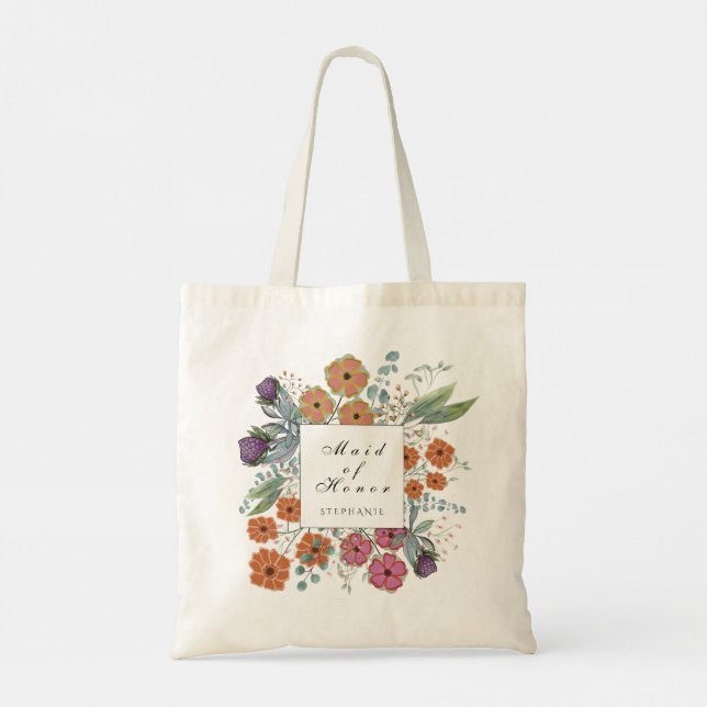 Tote Bag Maid of Honor pink flower orange floral green leaf (Dos)