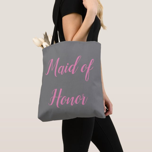 Tote Bag Maid of Honor Pink Grey Script Mariage élégant (De près)