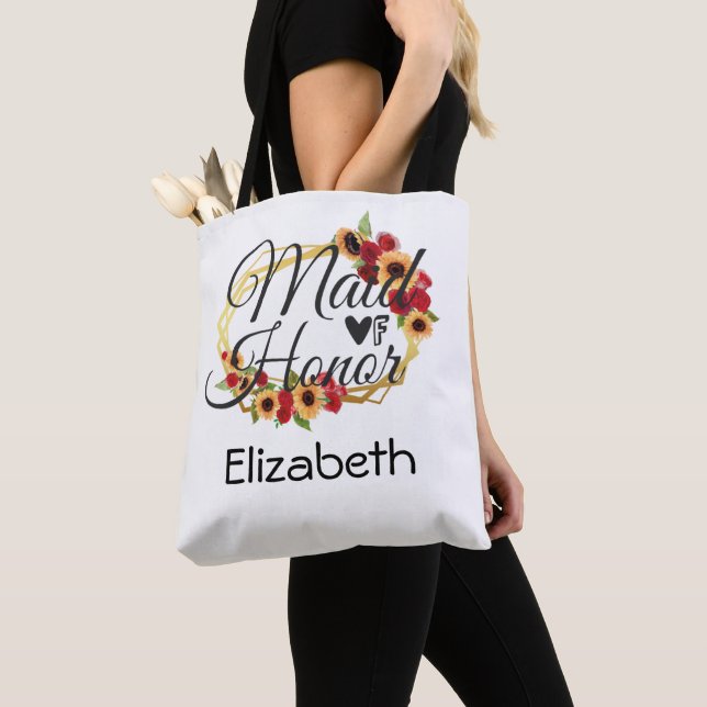 Tote Bag Maid of Honor Sunflowers Rose Gold Frame Bridal (De près)