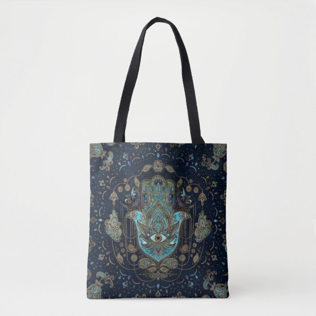 Tote Bag Main de Hamsa - Main de Fatima Blue Gemstones (Devant)
