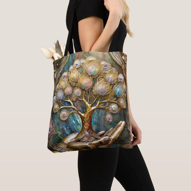 Tote Bag Main de robot doré tenant l'arbre de vie doré (De près)