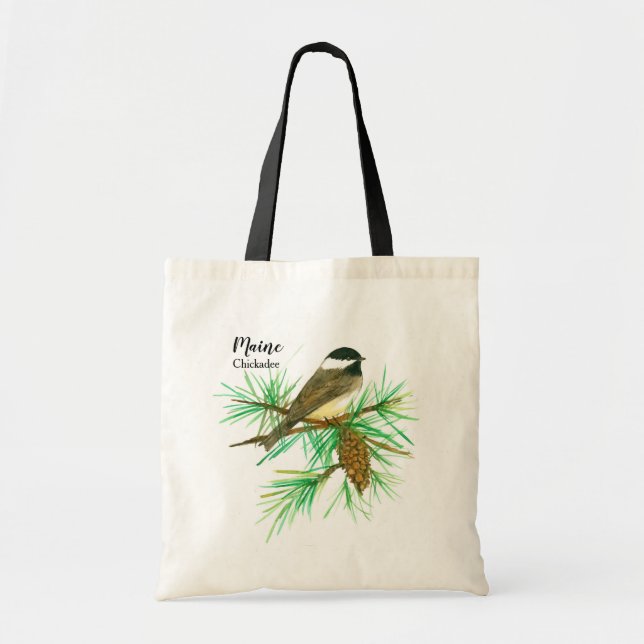 Tote Bag Maine Bird Chickadee White Pinecone Tassel (Devant)