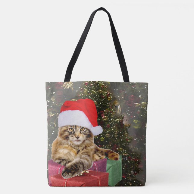 Tote Bag Maine Coon Chat Père Noël & Cadeaux Arbre de Noël  (Devant)