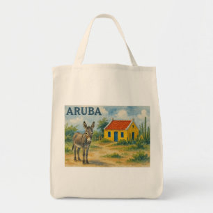Tote Bag Maison cunucu jaune d'Aruba avec âne aquarelle