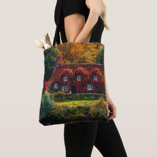 Tote Bag Maison de campagne avec vignes rouges Couvrant la