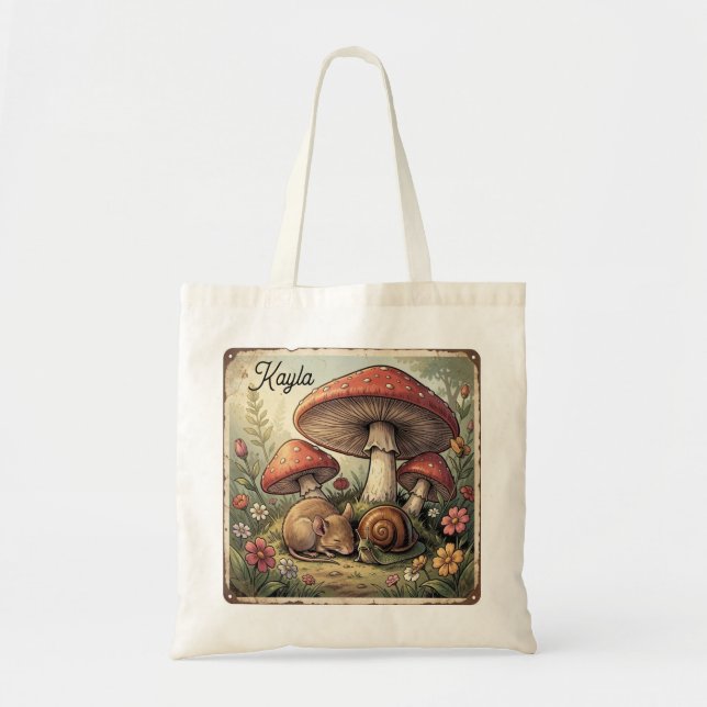 Tote Bag Maison de Campagne Rétro Champignons et Faune (Devant)
