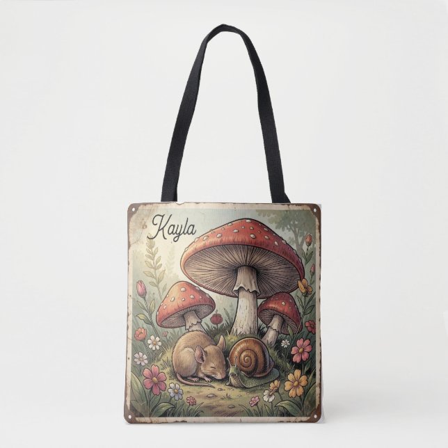 Tote Bag Maison de Campagne Rétro Champignons et Faune (Devant)