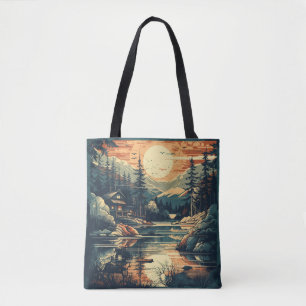 Tote Bag Maison de montagne d'art rétro scandinave