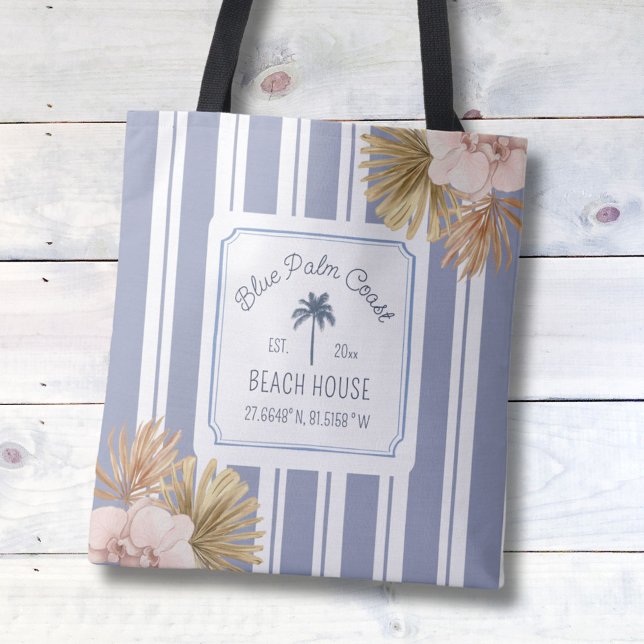 Tote Bag Maison de plage bleu rayé Coastal Boho ferme (Close up)