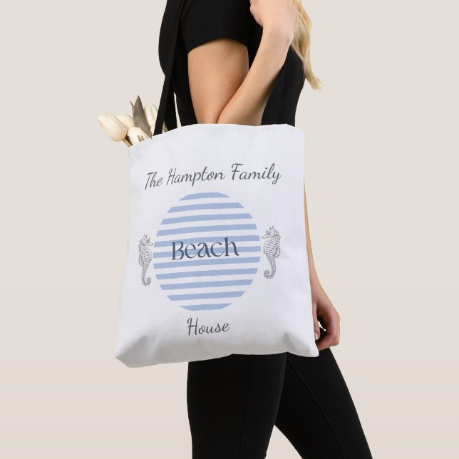Tote Bag Maison de plage personnalisée, Rayure côtière bleu (De près)