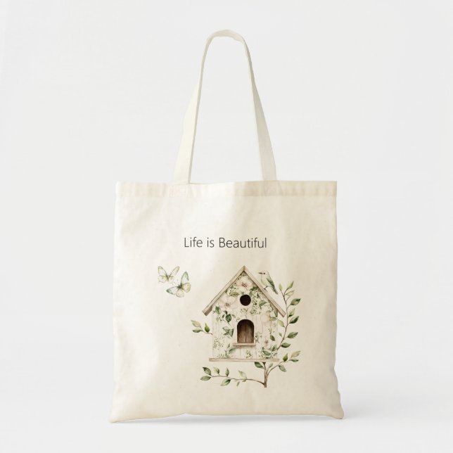 Tote Bag Maison d'oiseau verte blanche Feuilles Fleurs Papi (Devant)
