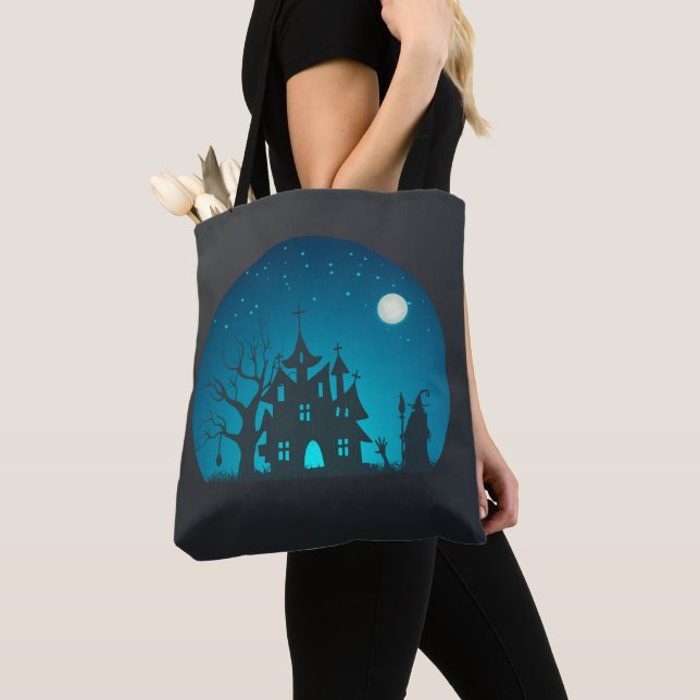 Tote Bag Maison éffrayante et amusante Bleue et Noire Haunt (De près)