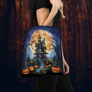 Tote Bag Maison hantée d'Halloween avec Citrouilles