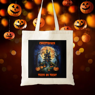 Tote Bag Maison hantée d'Halloween avec nom Citrouille