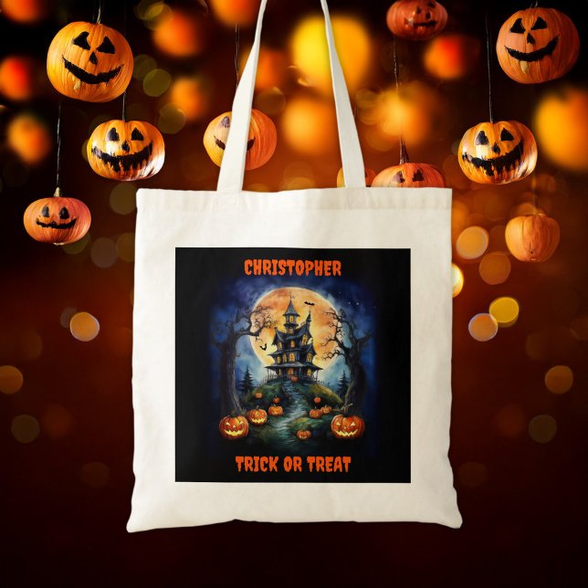 Tote Bag Maison hantée d'Halloween avec nom Citrouille (Créateur téléchargé)