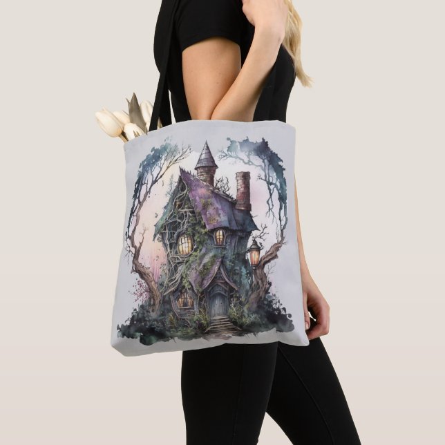 Tote Bag Maison Hantée Effrayante Épurée Violet Vert Hallow (De près)