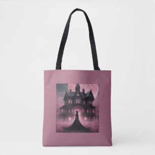Tote Bag Maison hantée gothique noire sur mauve sorcière