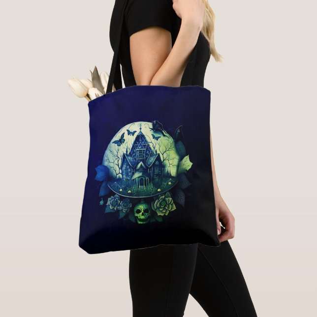Tote Bag Maison hantée gothique verte et violette (De près)
