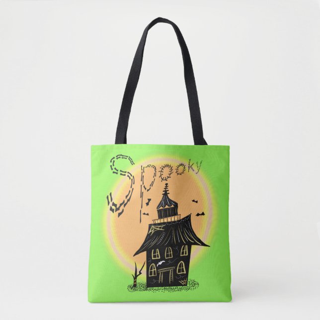 Tote Bag Maison Hantée Halloween Néon Sombre (Devant)