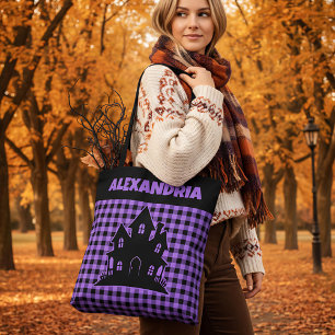 Tote Bag Maison Hantée Halloween Nom à carreaux violets et