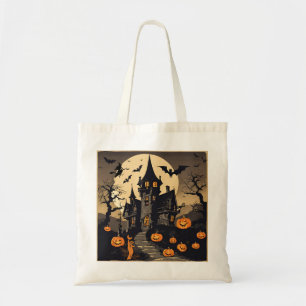 Tote Bag Maison Hantée Halloween vintage, Citrouilles, chau