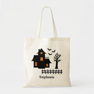 Tote Bag Maison Hantée noire silhouette Halloween et nom